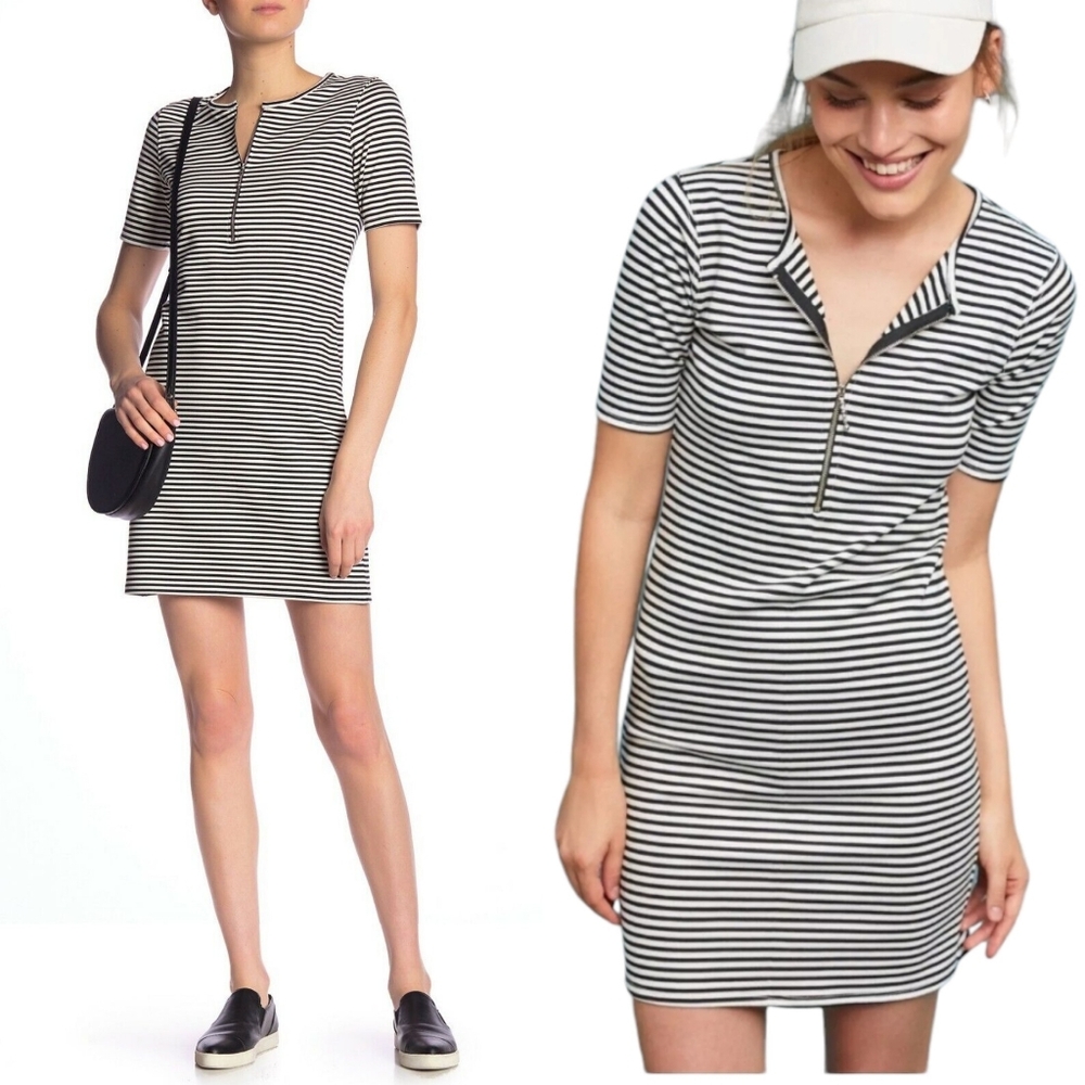 Current/Elliott The Leighton Stripe Tshirt Dress Zipper Front Stretch Ptp 16" 0